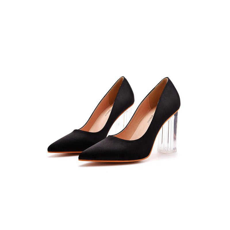 Simple Satin Slip on Pointed Toe Transparent Block Heels