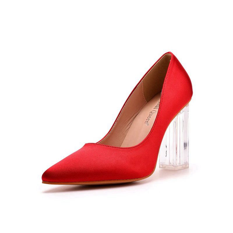 Simple Satin Slip on Pointed Toe Transparent Block Heels