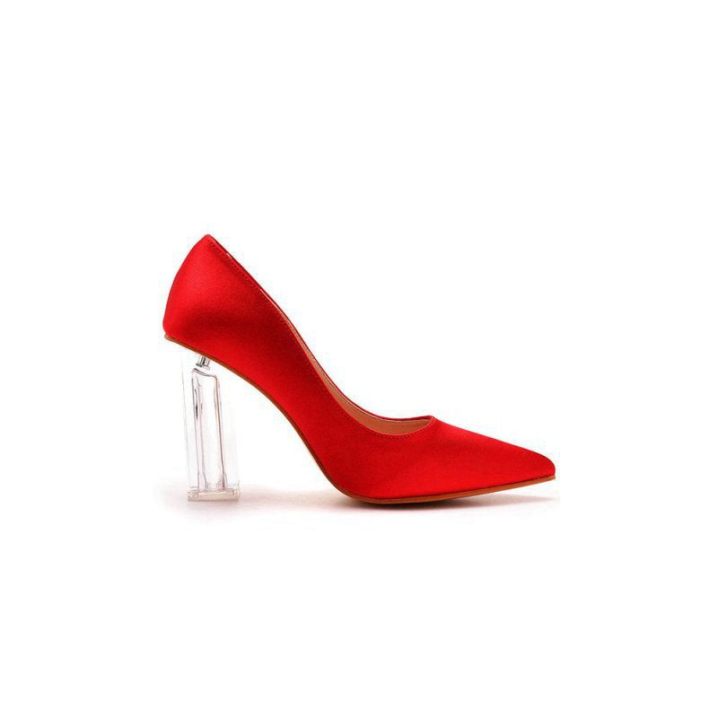 Simple Satin Slip on Pointed Toe Transparent Block Heels