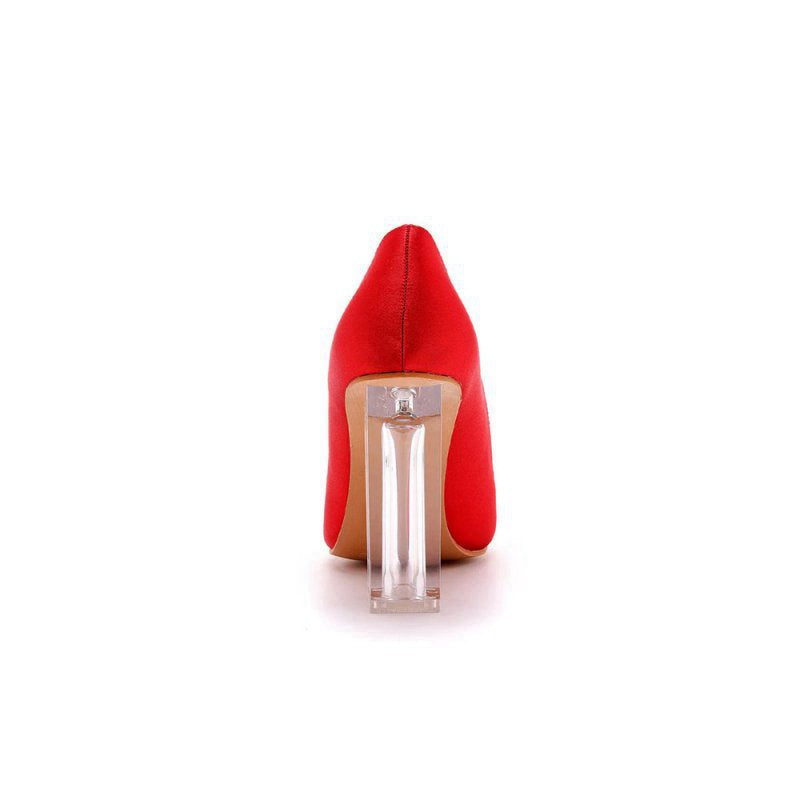 Simple Satin Slip on Pointed Toe Transparent Block Heels