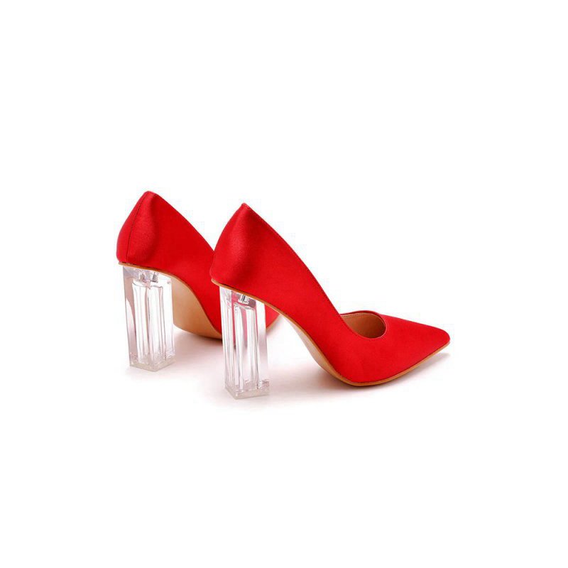 Simple Satin Slip on Pointed Toe Transparent Block Heels