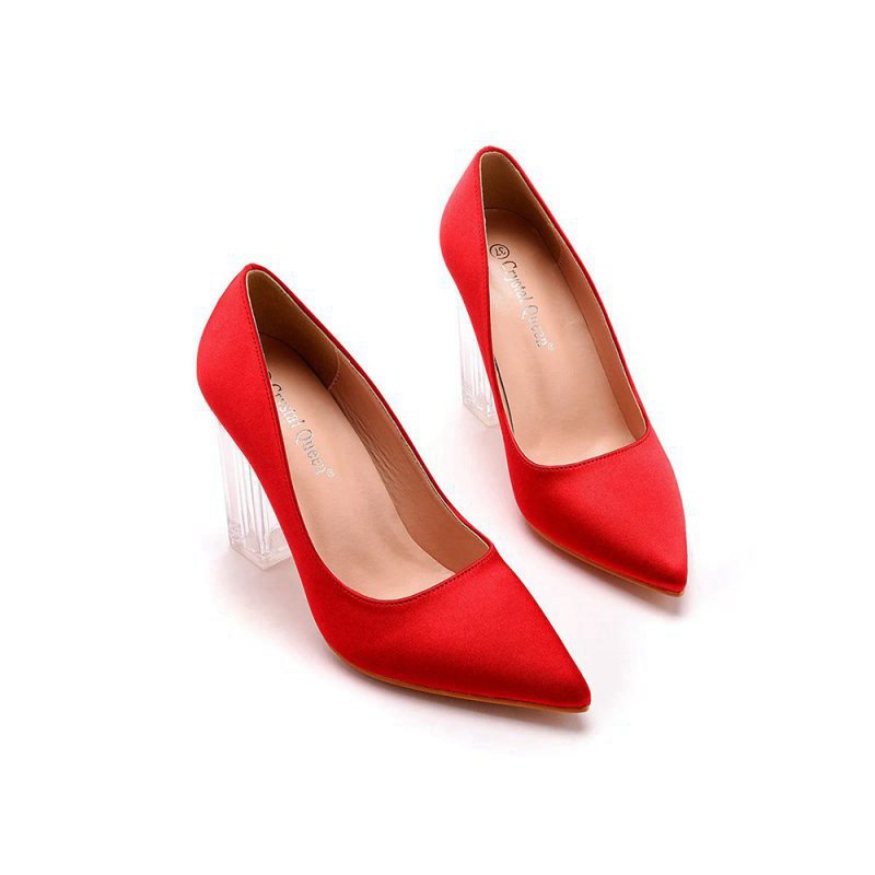 Simple Satin Slip on Pointed Toe Transparent Block Heels