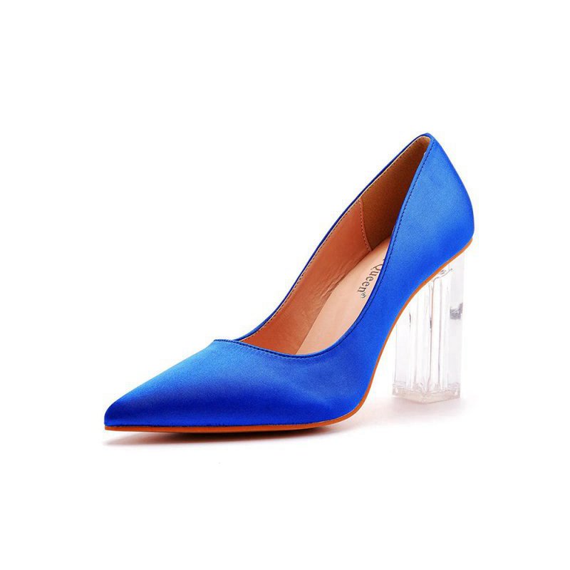 Simple Satin Slip on Pointed Toe Transparent Block Heels