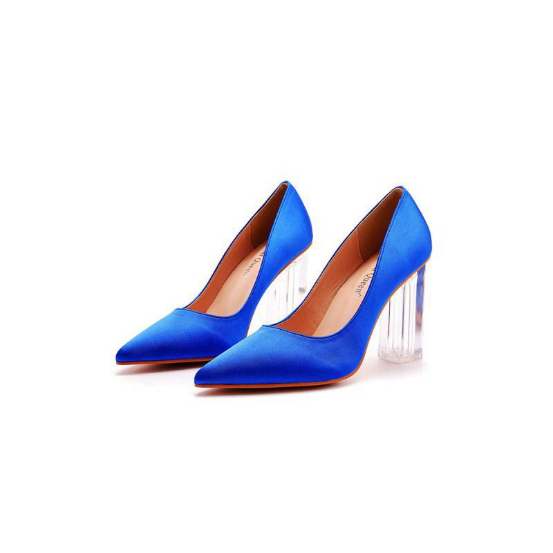 Simple Satin Slip on Pointed Toe Transparent Block Heels