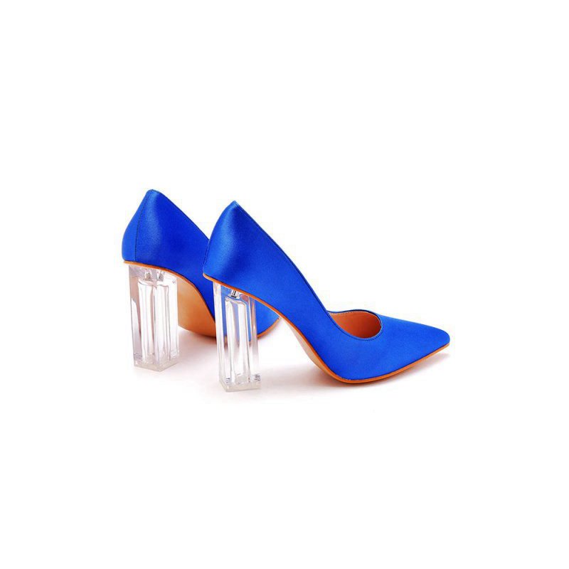 Simple Satin Slip on Pointed Toe Transparent Block Heels