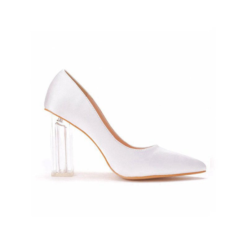 Simple Satin Slip on Pointed Toe Transparent Block Heels