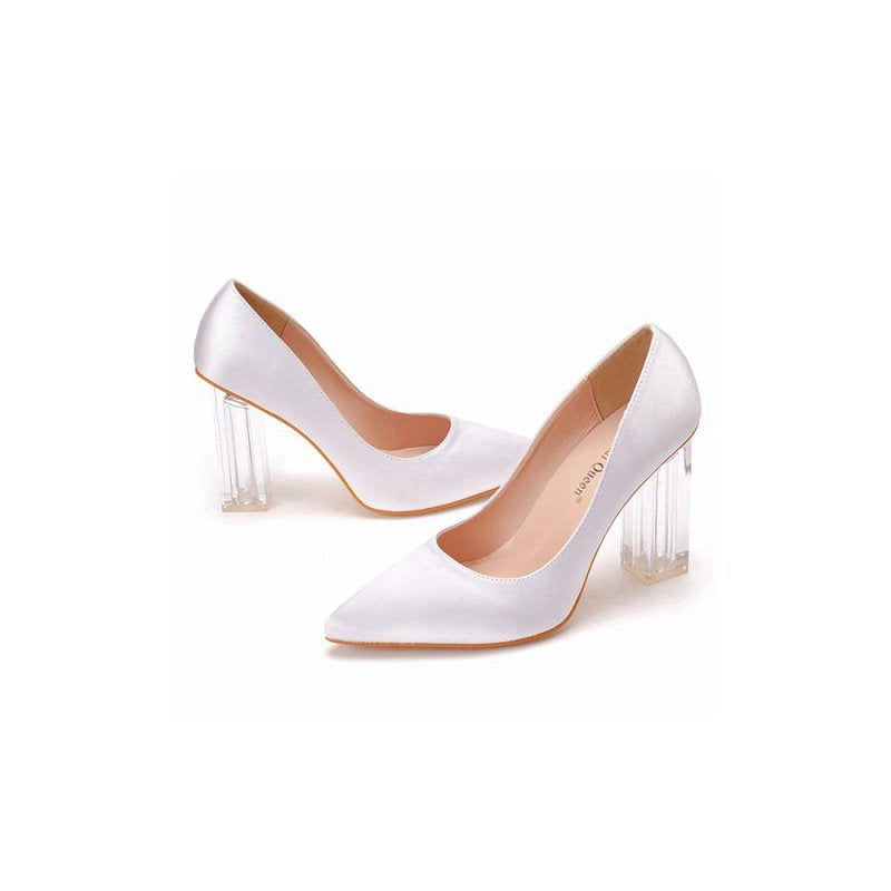 Simple Satin Slip on Pointed Toe Transparent Block Heels