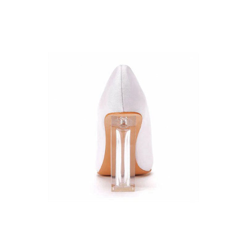 Simple Satin Slip on Pointed Toe Transparent Block Heels