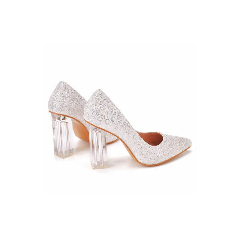 Simple Satin Slip on Pointed Toe Transparent Block Heels
