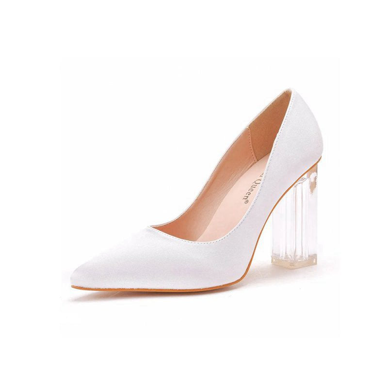 Simple Satin Slip on Pointed Toe Transparent Block Heels