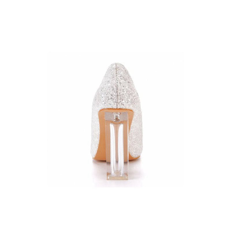 Simple Satin Slip on Pointed Toe Transparent Block Heels