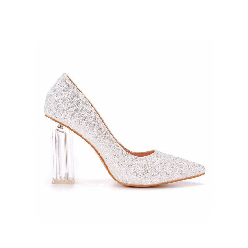 Simple Satin Slip on Pointed Toe Transparent Block Heels