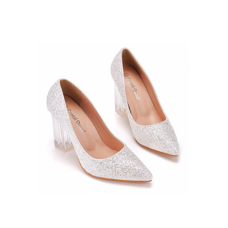 Simple Satin Slip on Pointed Toe Transparent Block Heels