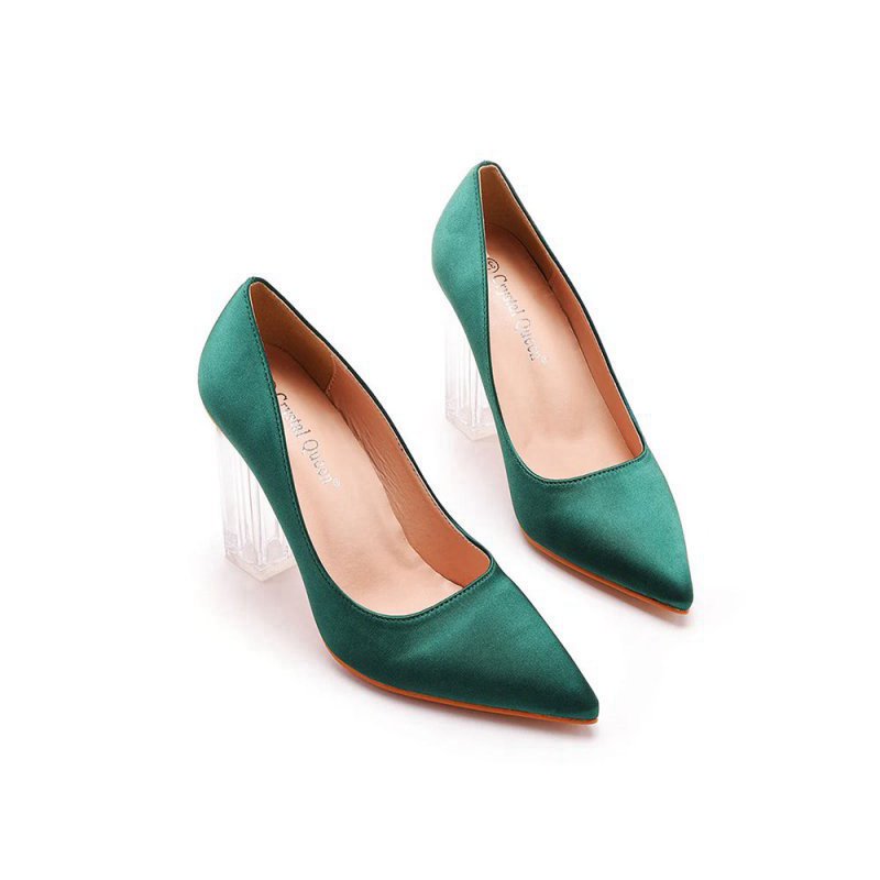 Simple Satin Slip on Pointed Toe Transparent Block Heels