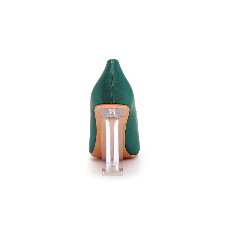 Simple Satin Slip on Pointed Toe Transparent Block Heels