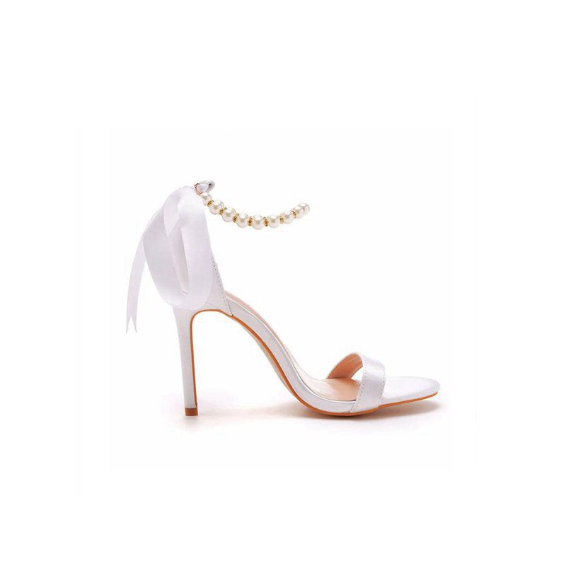 Satin Pearl Open Toe Ankle Strap High Heels