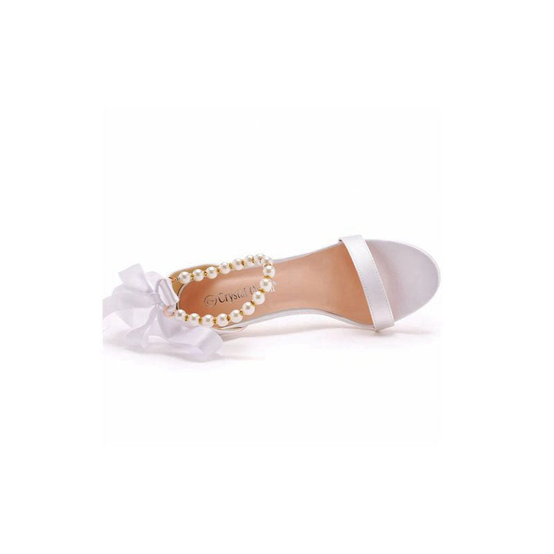 Satin Pearl Open Toe Ankle Strap High Heels