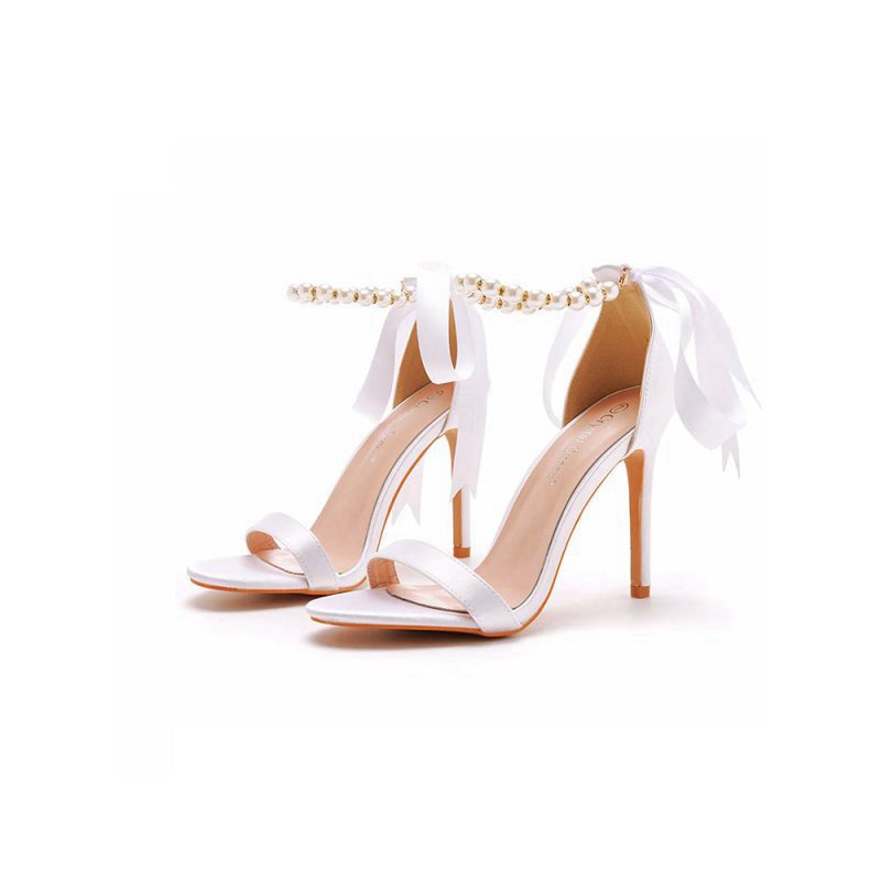 Satin Pearl Open Toe Ankle Strap High Heels
