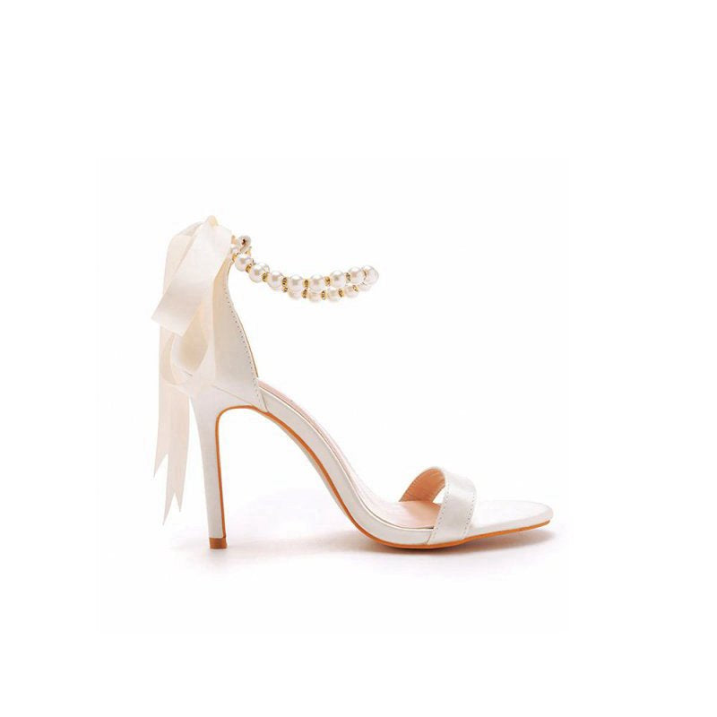 Satin Pearl Open Toe Ankle Strap High Heels