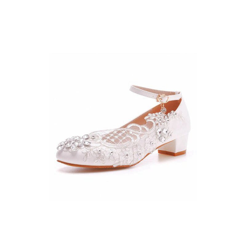 Round Toe Lace Rhinestones Ankle Strap Chunky Heel Wedding Shoes
