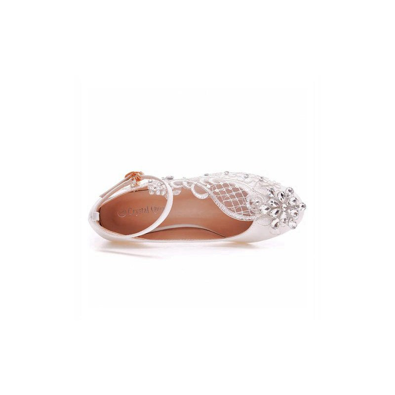 Round Toe Lace Rhinestones Ankle Strap Chunky Heel Wedding Shoes