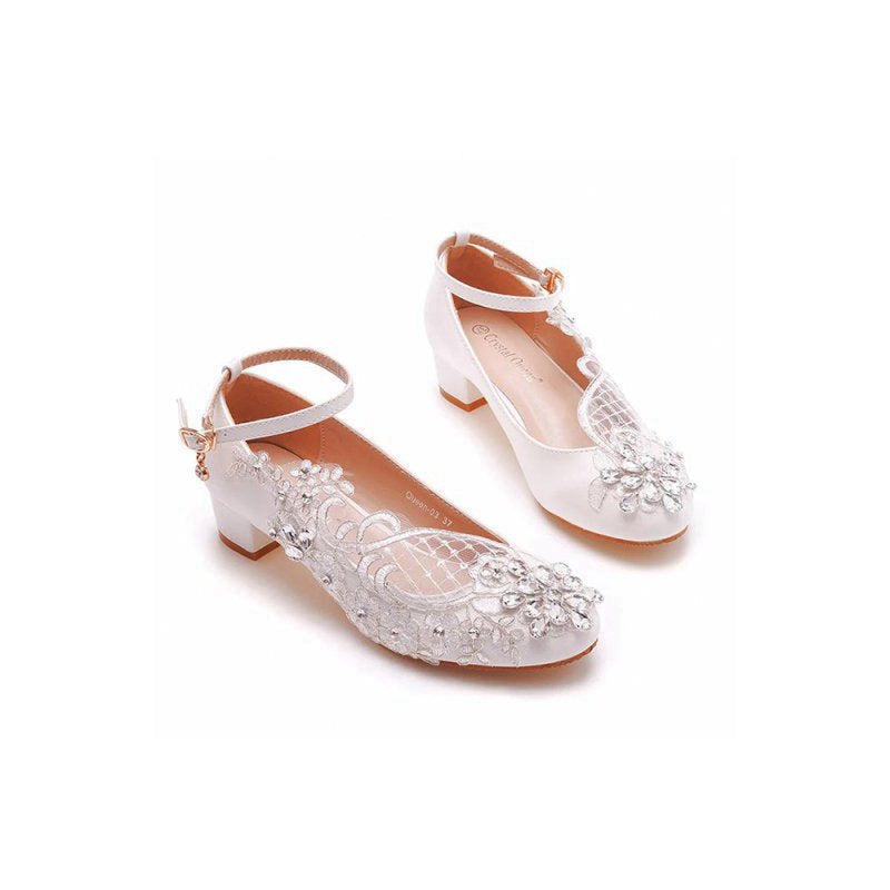 Round Toe Lace Rhinestones Ankle Strap Chunky Heel Wedding Shoes