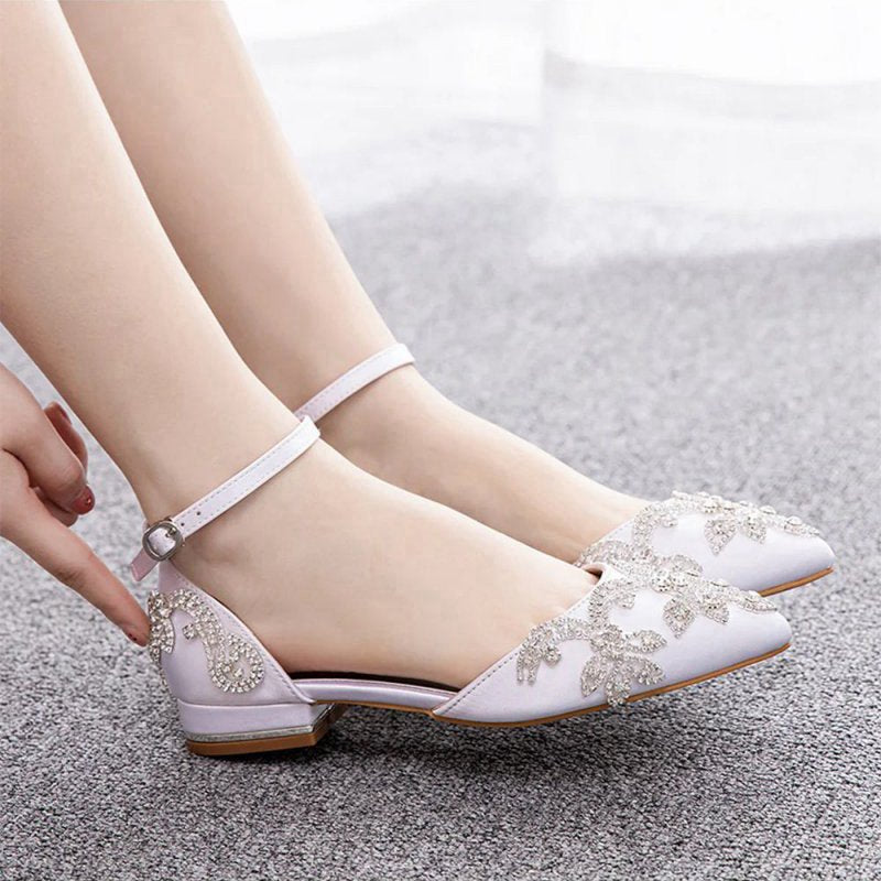 Satin Rhinestone Flowers Pointed Toe Ankle Strap Chunky Heels