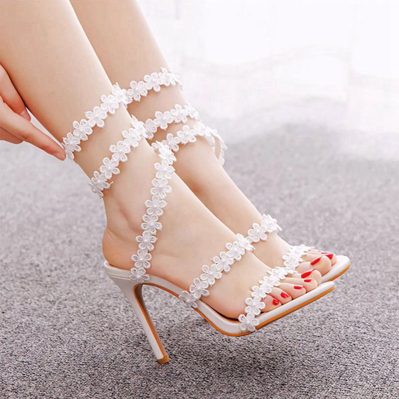 Flower Ankle Wrap Strap Open Toe Ultra High Heels