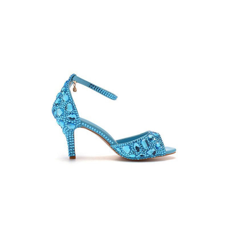 Crystal Rhinestone Peep Toe High Heels Ankle Strap Sandals