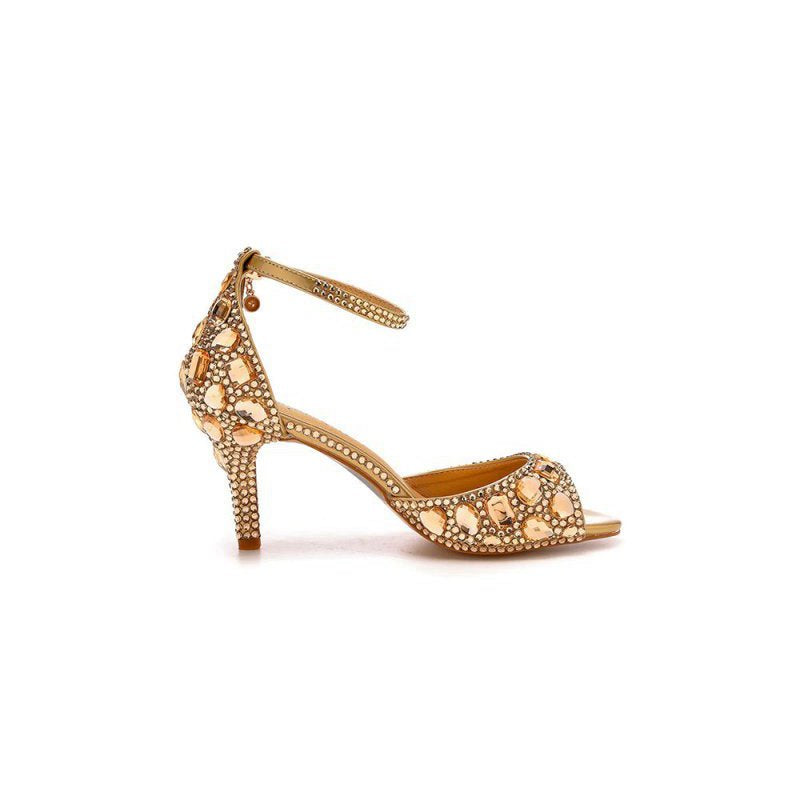 Crystal Rhinestone Peep Toe High Heels Ankle Strap Sandals