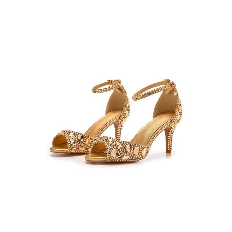 Crystal Rhinestone Peep Toe High Heels Ankle Strap Sandals