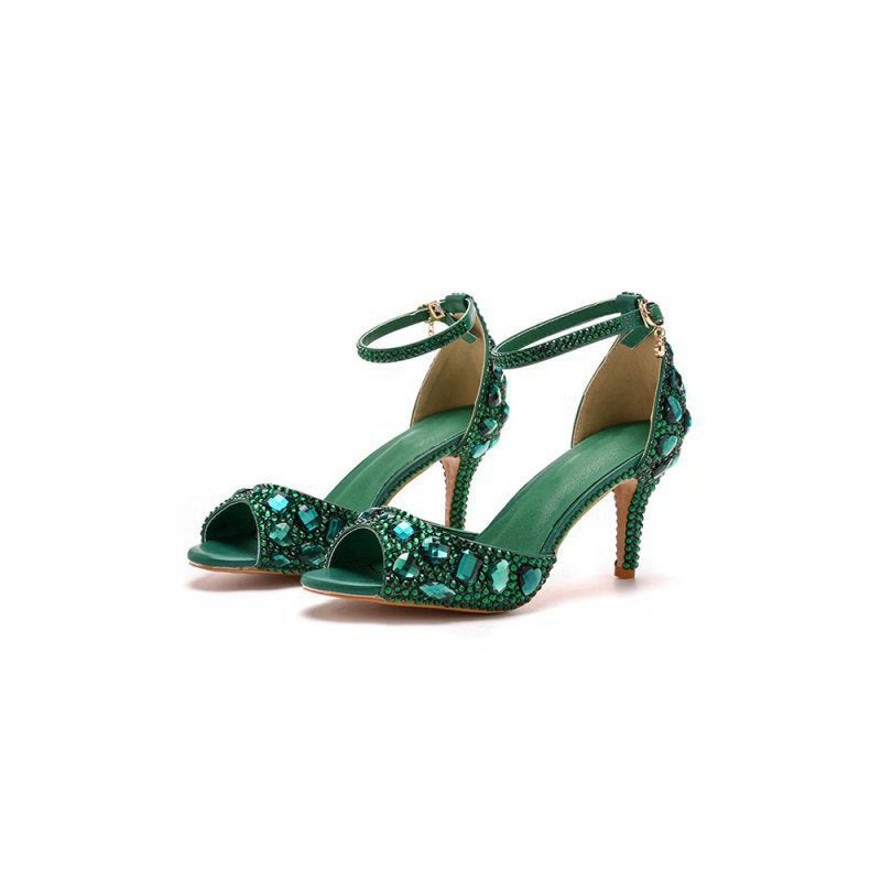 Crystal Rhinestone Peep Toe High Heels Ankle Strap Sandals
