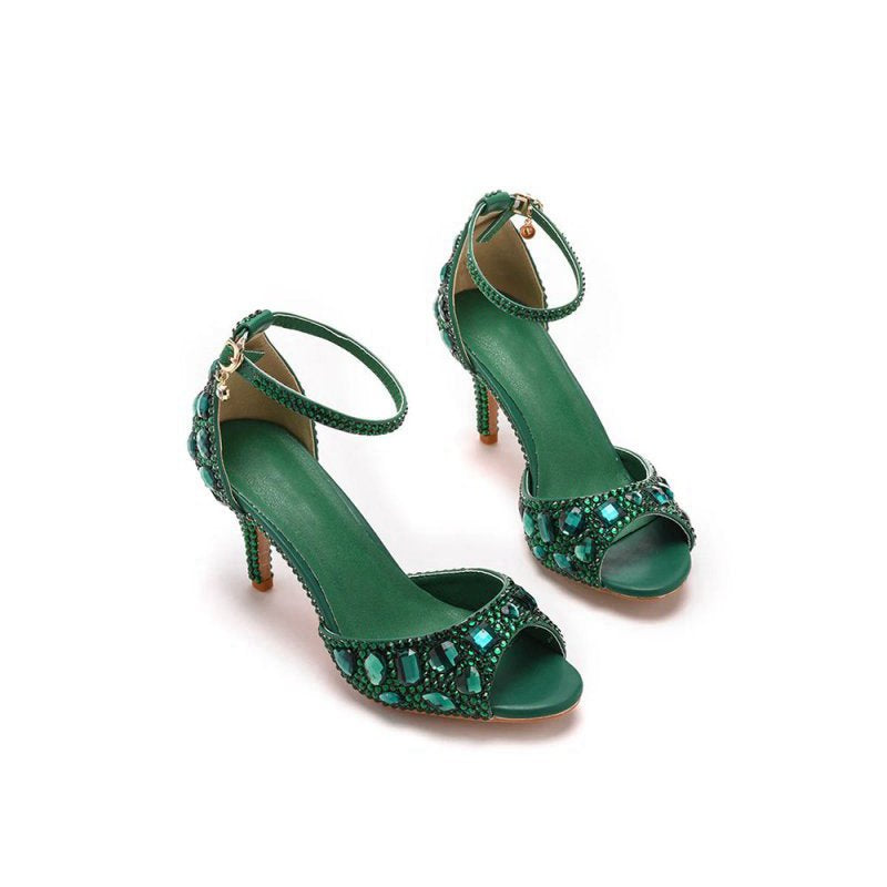 Crystal Rhinestone Peep Toe High Heels Ankle Strap Sandals