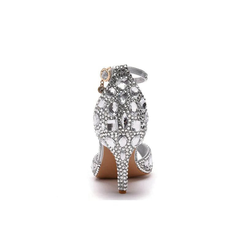 Crystal Rhinestone Peep Toe High Heels Ankle Strap Sandals