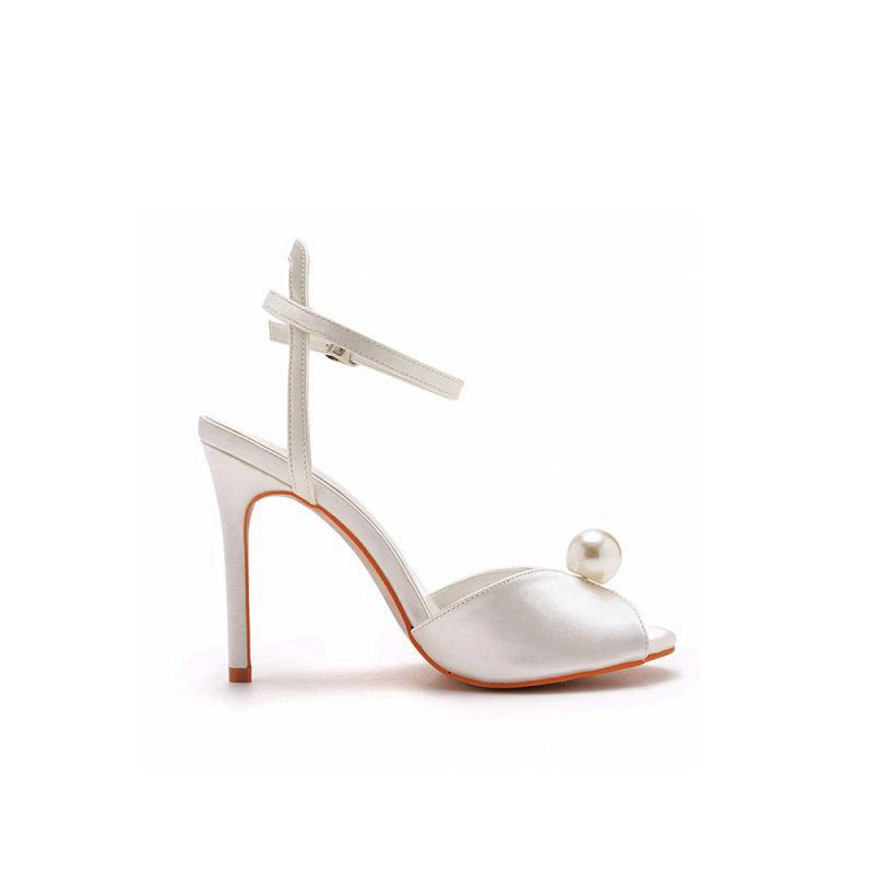 Satin Pearl Peep Toe Stiletto Ankle Strap Buckle Ultra High Heels