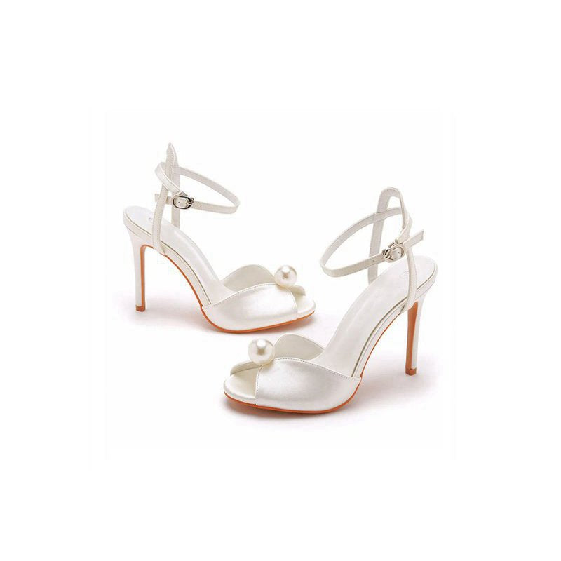 Satin Pearl Peep Toe Stiletto Ankle Strap Buckle Ultra High Heels