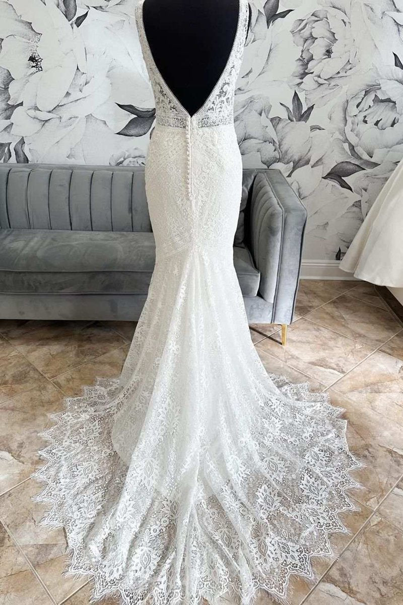 Lace Open Back Mermaid Long Wedding Dresses