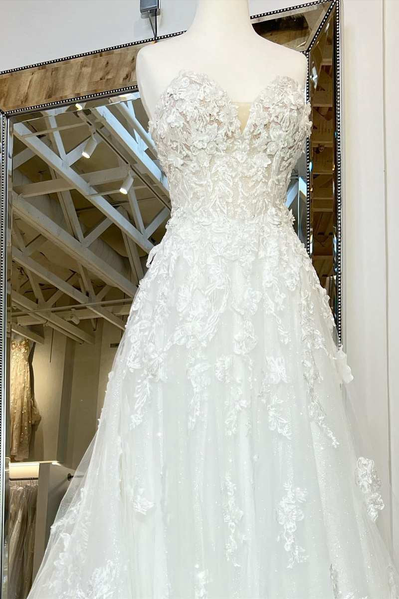 A-line Floral Applique Sweetheart Long Wedding Dresses with Sweep Train