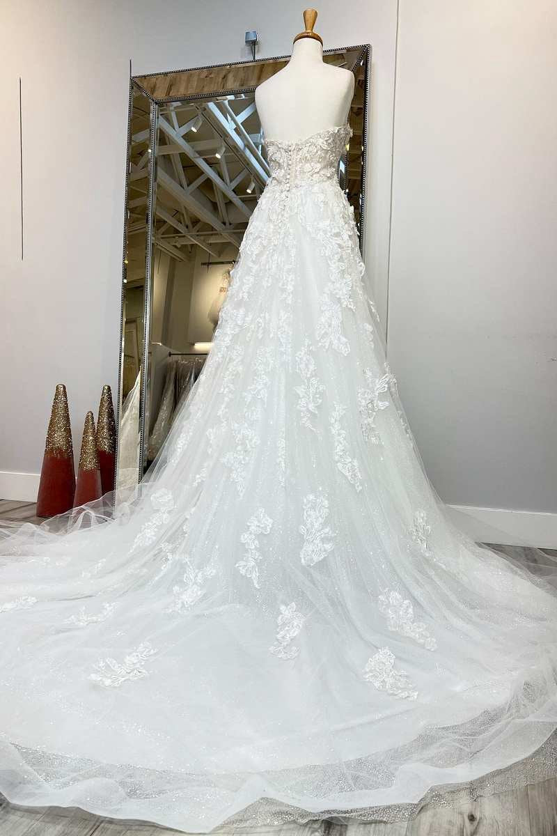 A-line Floral Applique Sweetheart Long Wedding Dresses with Sweep Train