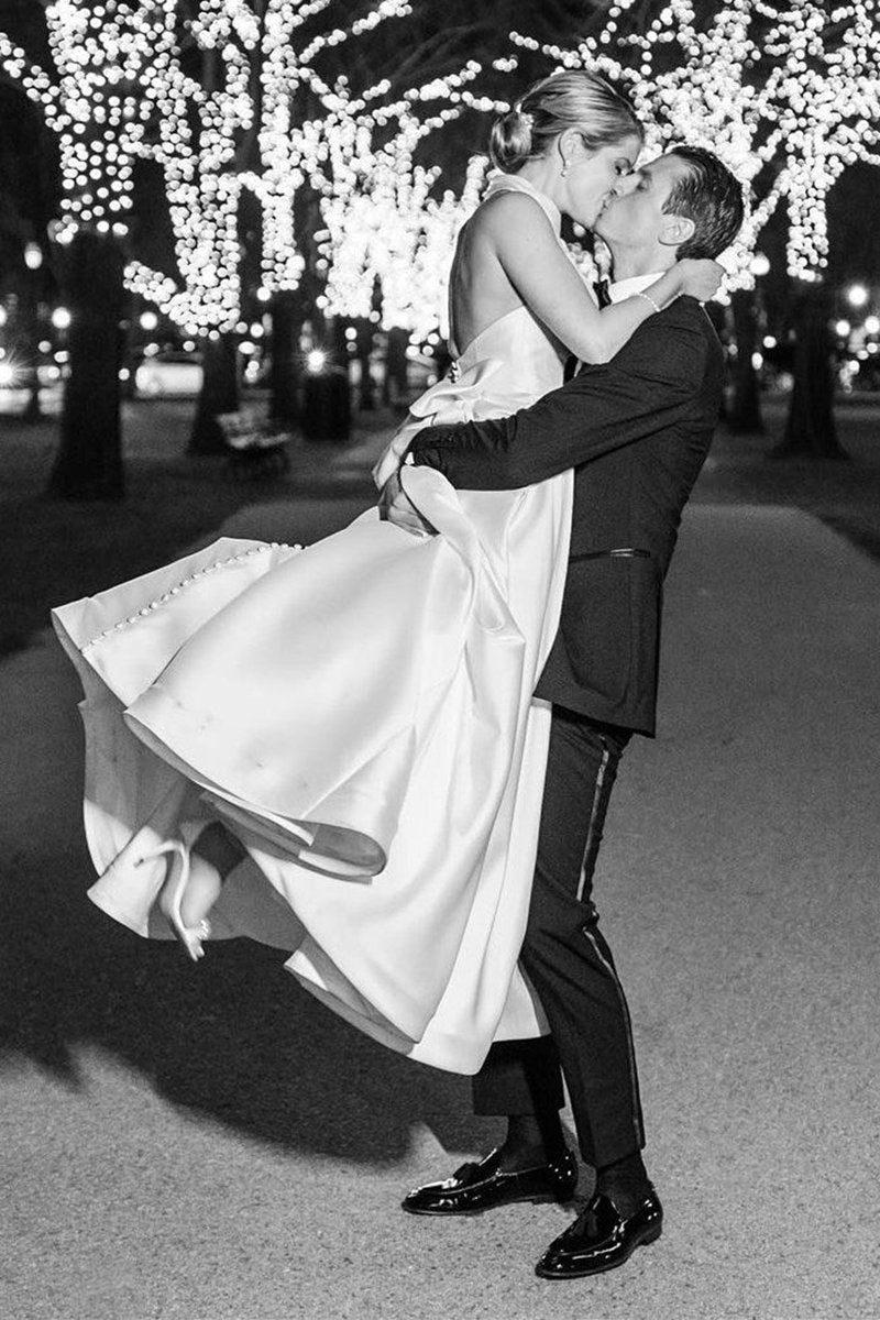 Halter A-line Satin Wedding Dresses with Buttons