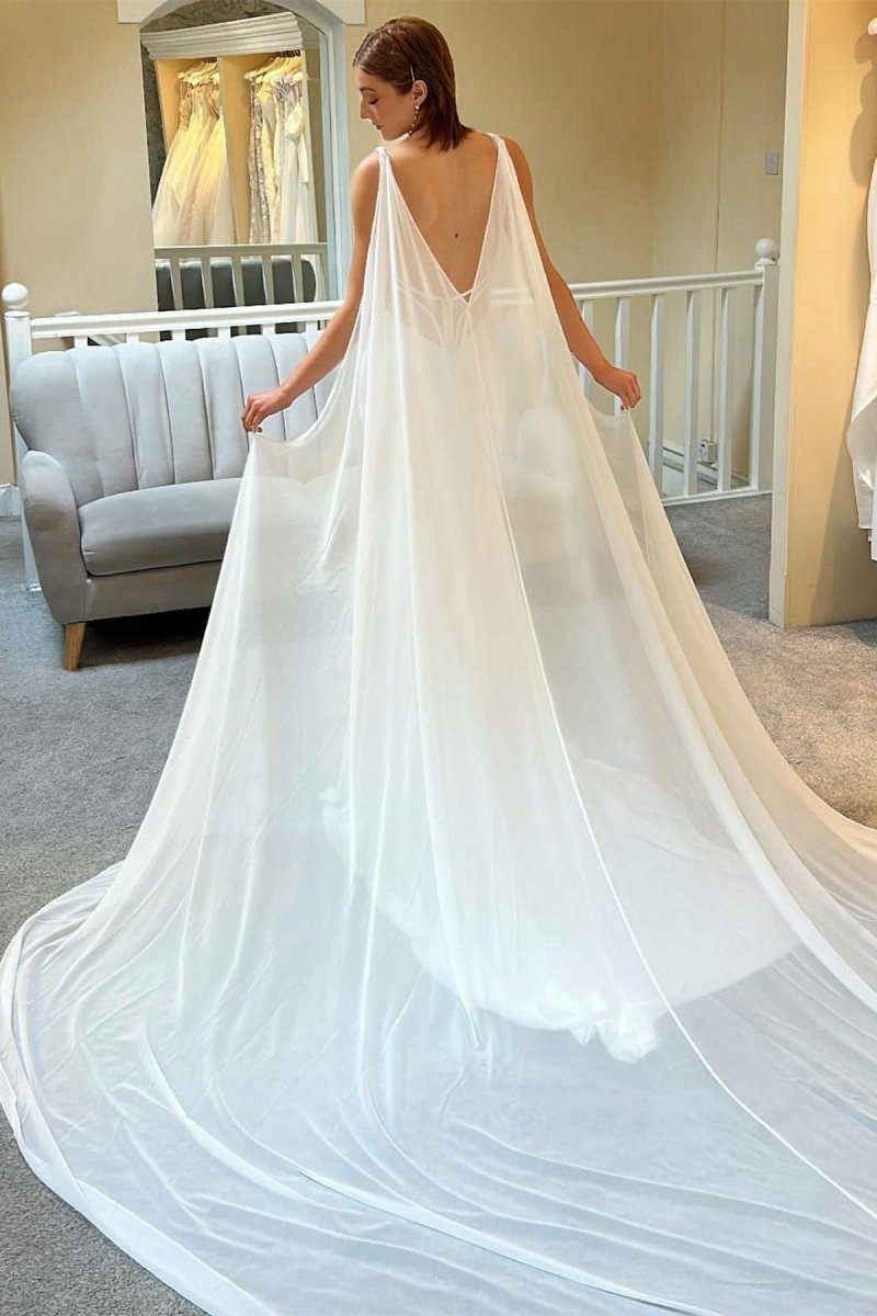 Plunge V Mermaid Long Wedding Dresses with Detachable Cape