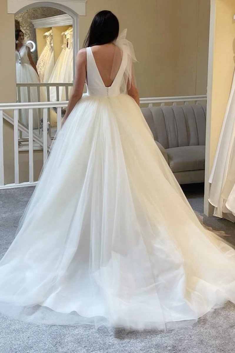 A-line Tulle Plunge V Open Back Wedding Dresses