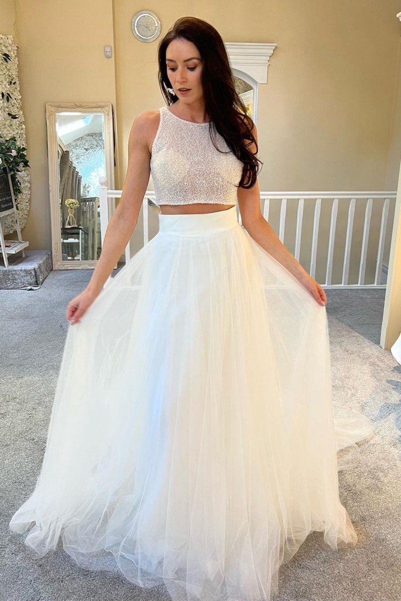A-line Two-Piece Beaded A-line Long Wedding Dresses