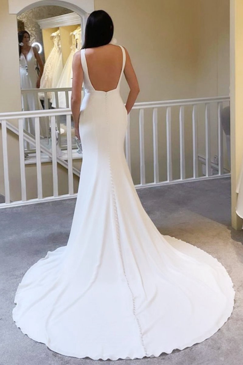 Plunge V Open Back Mermaid Long Wedding Dresses
