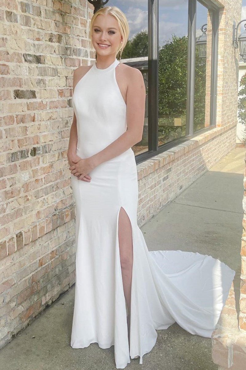Halter Mermaid Long Wedding Dresses with Slit