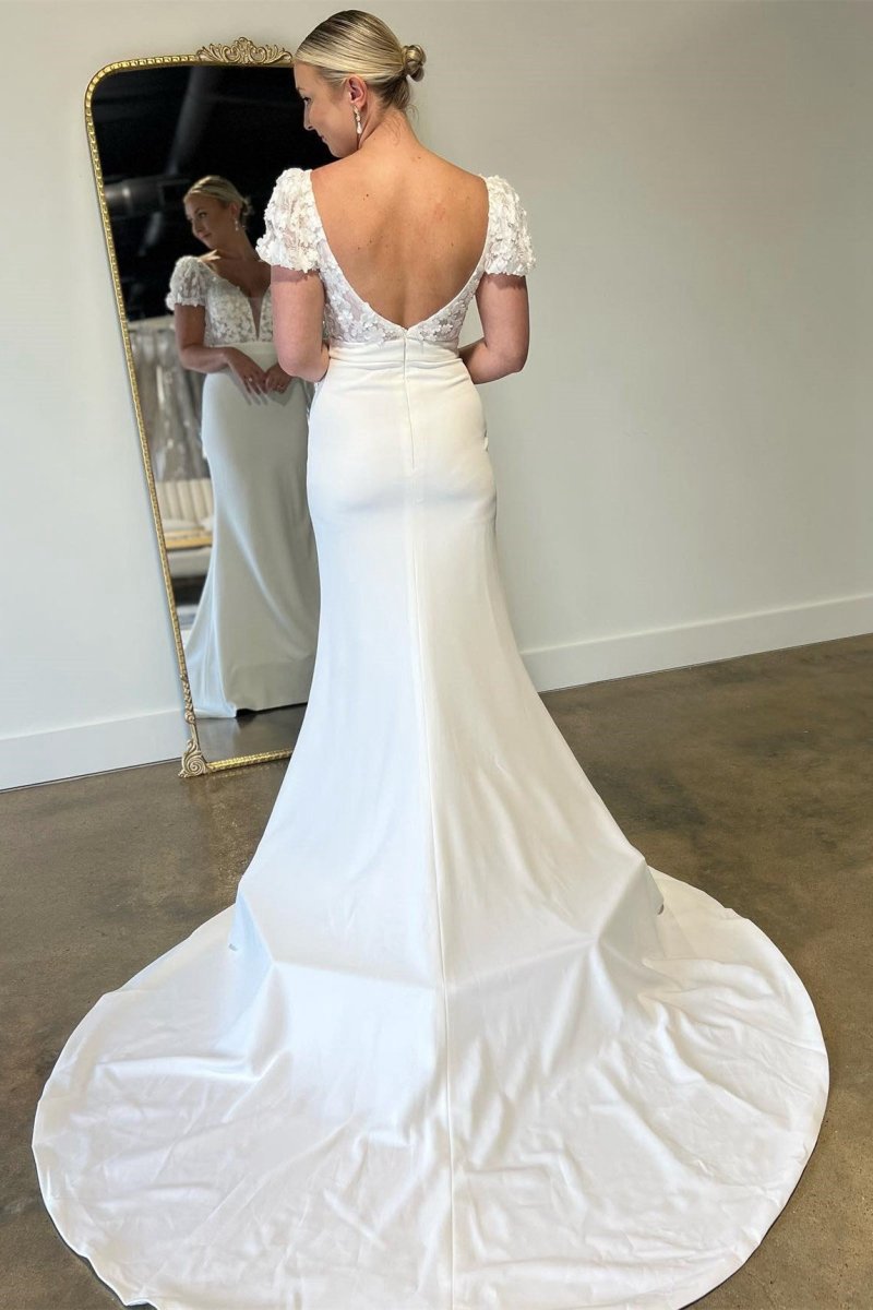Floral Applique Plunge V Long Wedding Dresses with Short Sleeves