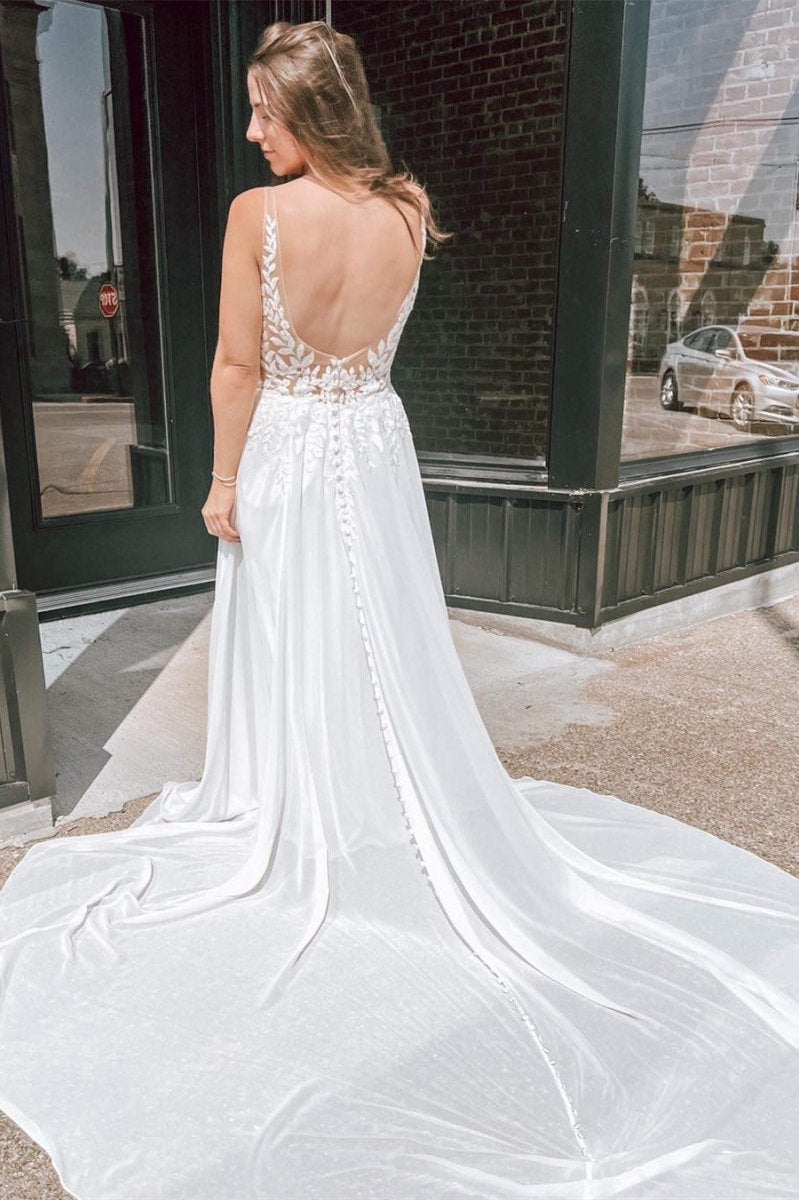 Appliques Plunge V Open Back Long Wedding Dresses