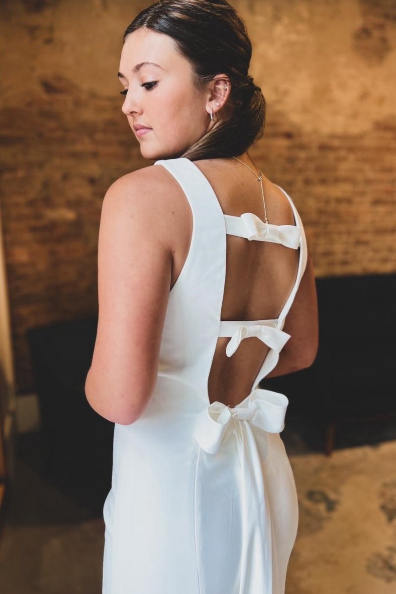Satin Bateau Open Back Mermaid Long Wedding Dresses