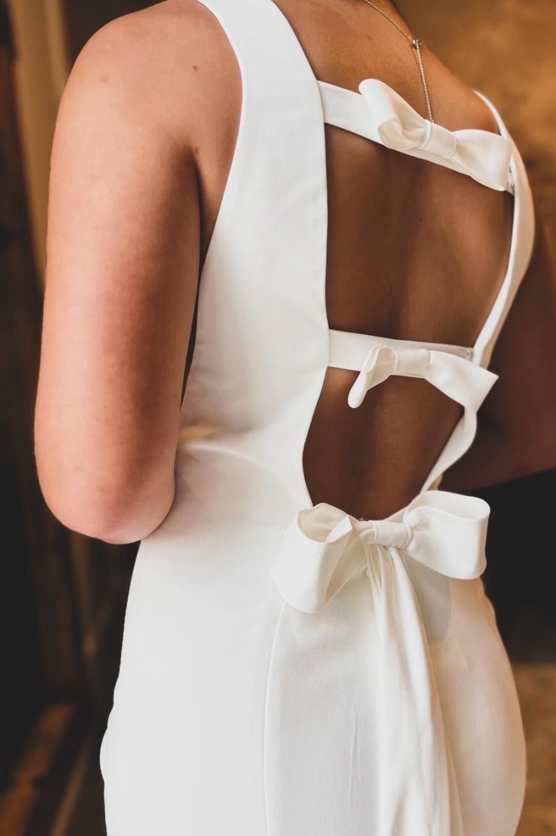 Satin Bateau Open Back Mermaid Long Wedding Dresses