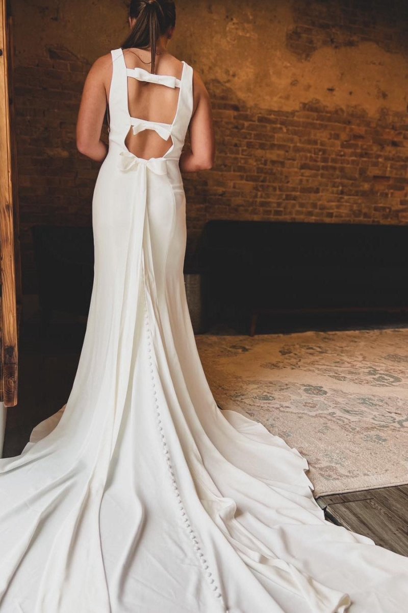 Satin Bateau Open Back Mermaid Long Wedding Dresses